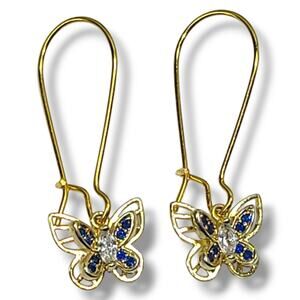 Gold Tone Butterfly Dangle Earrings Tiny Blue Sapphire & Cubic Zirconia‎